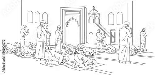 Muslim men participating in congregational prayer inside a mosque performing the prostration ritual known as sujood together