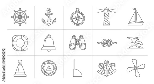 Set of 16 nautical navigation icons in simple line style.