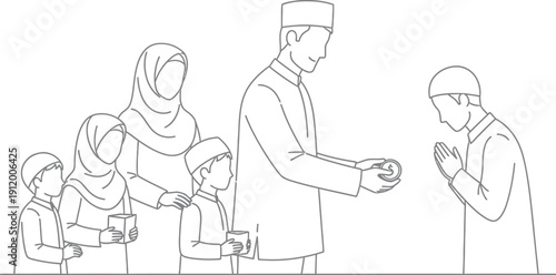 Muslim family giving charity or money as Zakat or Sadaqah to a person in need during an Islamic religious observance like Eid