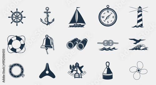 Nautical icons set including sailing and navigation symbols.