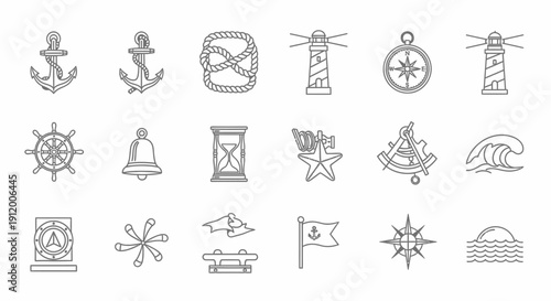 Set of 18 nautical-themed icons in simple line art style.