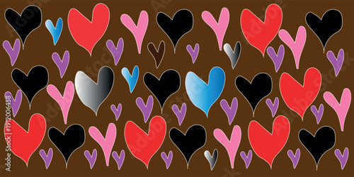 A colorful array of hearts in various sizes and hues on a brown background