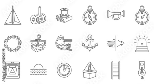 Collection of Simple Line Icons Representing Navigation and Maritime Symbols.