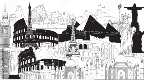 Collage of World Landmarks Sketches Showcasing Global Architecture and Iconic Monuments.