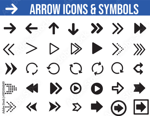 Collection of black arrow icons and symbols on white background for navigation and direction