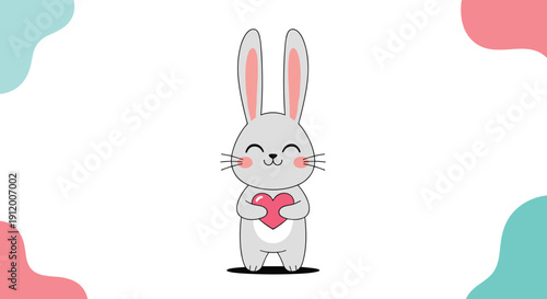 Sweet grey cartoon rabbit with blushing cheeks holding a pink heart, standing against a background with abstract pastel-colored shapes.