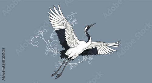 Elegant Japanese red-crowned crane flying with its wings spread wide against a grey-blue background with delicate white floral swirls.