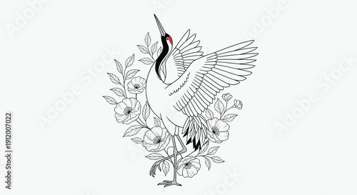 Graceful black and white line art illustration of a Japanese red-crowned crane standing among blooming flowers with its wings spread.
