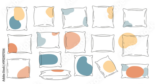Set of decorative pillows in various shapes and sizes with dashed outlines and abstract pastel color spots for modern interior design concepts.