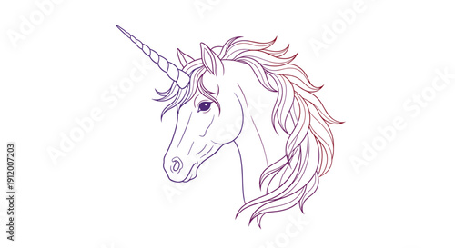 Elegant line art portrait of a unicorn's head and neck with a flowing mane, featuring a subtle purple to orange gradient color.