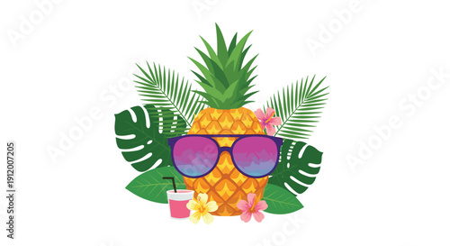 Cool cartoon pineapple character wearing purple sunglasses, surrounded by tropical leaves, hibiscus flowers, and a summer cocktail drink.