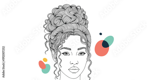 Elegant line art portrait of a beautiful woman with a stylish, intricate curly updo hairstyle, accented with abstract colorful spots.