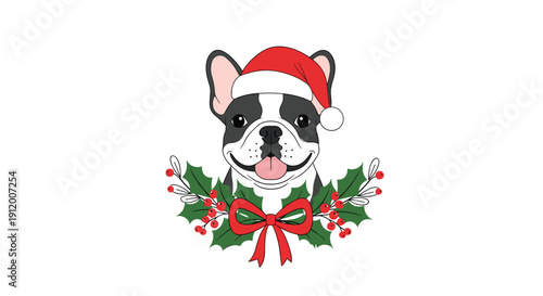 Cute French bulldog wearing a festive red Santa hat, framed by a beautiful Christmas wreath with holly leaves, berries, and a bow.