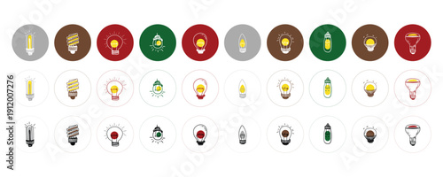 Light Bulb Ideas Flat Icons Set Innovation Energy and Creative Concept Vector Collection