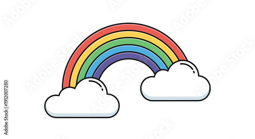 Simple and cheerful cartoon illustration of a colorful six-stripe rainbow arching between two fluffy white clouds on a white background.