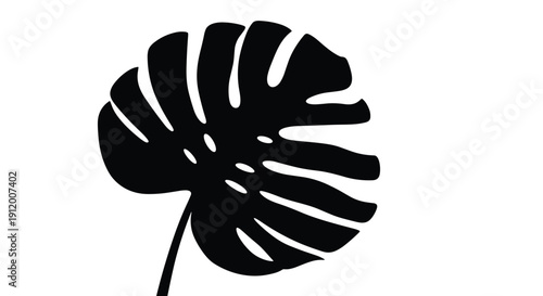 Bold black silhouette of a single monstera deliciosa leaf, showcasing its iconic splits and holes in a minimalist design.