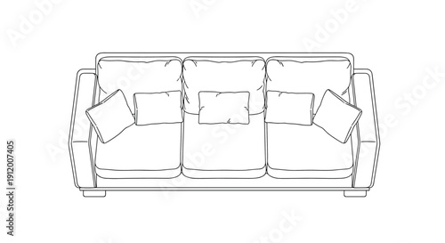 A detailed top-down plan view line drawing of a comfortable three-seater sofa complete with multiple plush throw pillows.