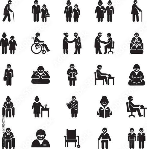 Elderly care and nursing home patient icons for healthcare projects