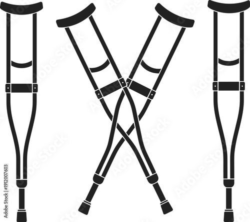Set of Black Silhouette Icons Representing Medical Crutches for Mobility Support and Injury Recovery Isolated on White Background for Healthcare Graphic Design Projects