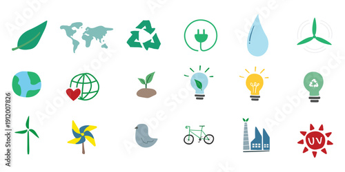 Renewable Energy and Ecology Flat Icons Set Green Technology and Sustainability Vector Collection