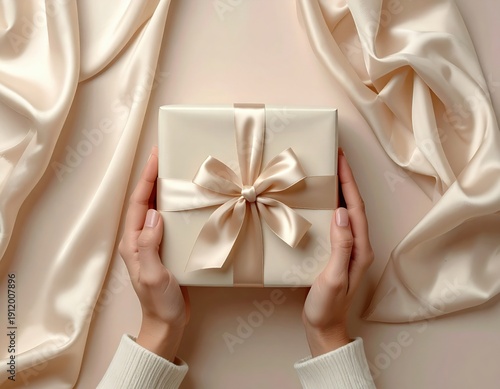 Elegant Ivory Gift Box With Satin Ribbon Bow Held By Delicate Hands Surrounded By Flowing Cream Silk Fabric In Soft Light