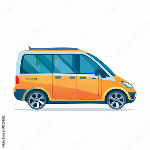 Modern orange and white minivan with sliding side doors and tinted windows.