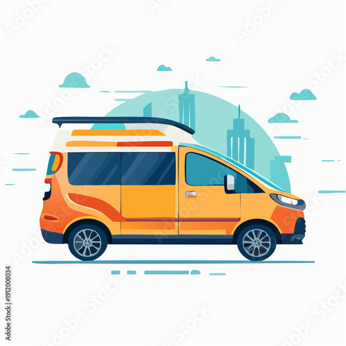Vibrant orange camper van with surfboard on cityscape background.