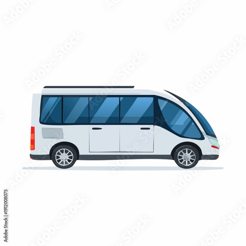 Modern white minibus with sleek design and large windows.