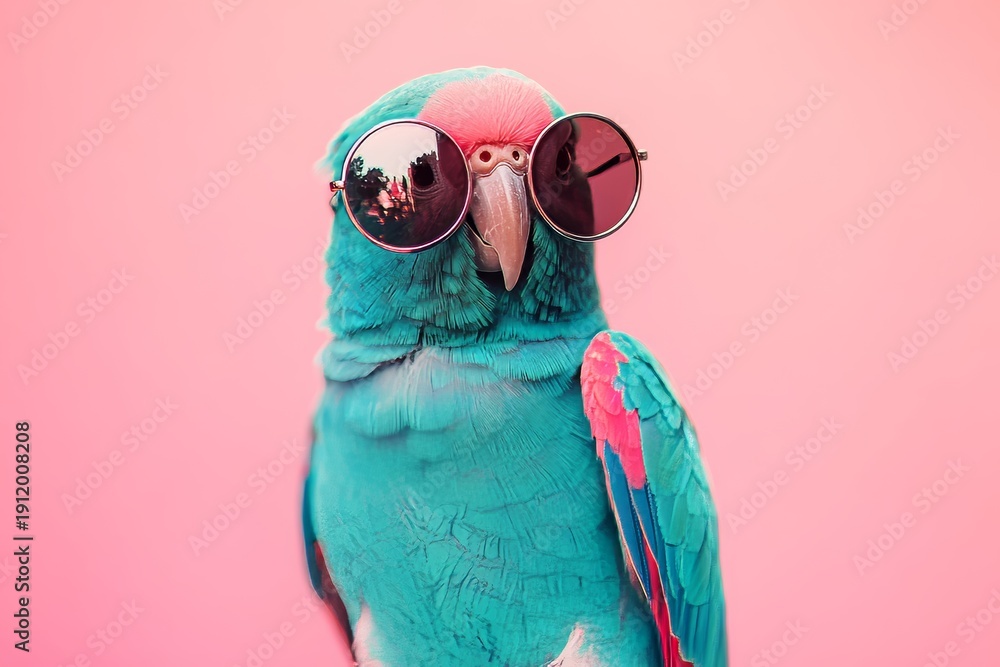 Fototapeta premium Cute turquoise and pink parrot wears round silver sunglasses with a pink background in bright light
