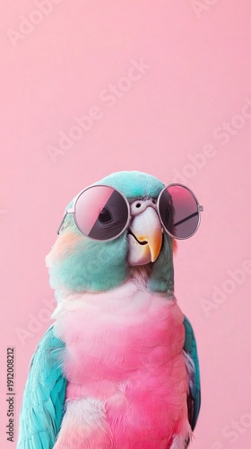 Cute turquoise and pink parrot with round silver sunglasses on pink background having fun under bright light