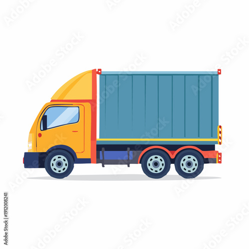 Yellow Delivery Truck with Blue Container.
