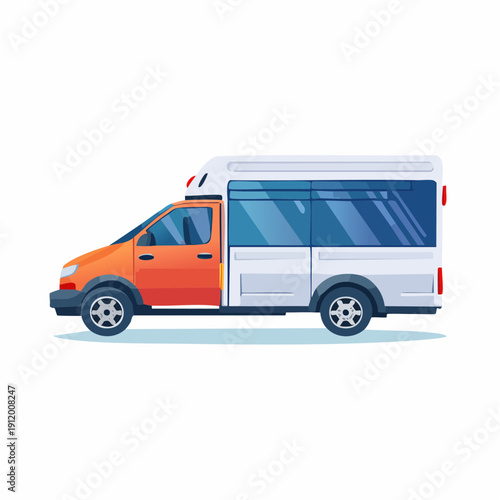 Illustration of a white and orange minibus on a white background.