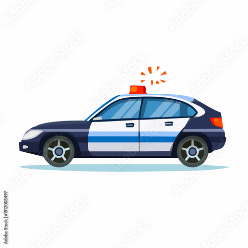 Police car with flashing lights on white background.