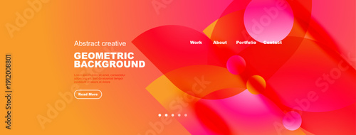 Abstract geometric background features vibrant orange, pink hues. Navigation menu present. Design feels modern, dynamic.