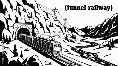 train railway track landscape entering mountain tunnel with electric locomotive transport infrastructure through rocky horizon showing travel journey freight passenger transit