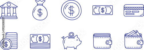 Finance and Banking Outline Icon Pack Money Payment and Savings Vector Set