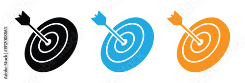 Target icons set goal symbol collection simple target with arrow darts icon hitting the bullseye line flat style. Target icon with arrow hitting the center.  Marketing success. Strategy, mission, obje