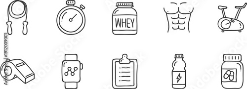 Fitness and Gym Outline Icon Pack Workout Nutrition and Training Vector Set