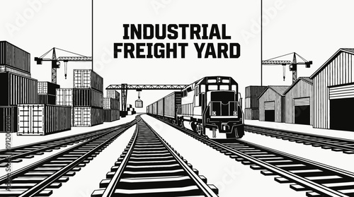 train railway track landscape inside industrial freight yard with cargo locomotive transport infrastructure between warehouse buildings along steel rail horizon showing travel journey transit motion