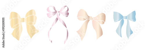Vector set of bows with long ribbons. Graphic festive gift, hand drawn illustration isolated on background. Botanical and wedding, baby clip art. For greeting card, wallpaper, wrapping paper design