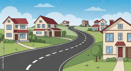 Suburban Neighborhood with Houses and Road.