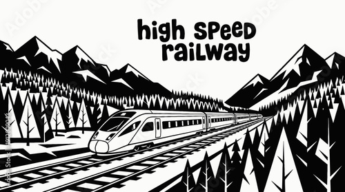 train railway track landscape black and white with high speed passenger locomotive transport infrastructure along modern rail corridor horizon showing travel journey transit motion environment