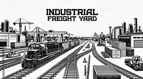 train railway track landscape inside industrial freight yard with cargo locomotive transport infrastructure between warehouse buildings along steel rail horizon showing travel journey transit motion