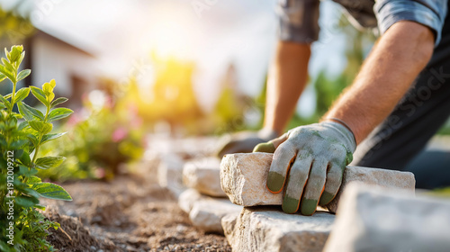 Wallpaper Mural Faceless individual laying stones in garden on sunny day outside house, landscaping installation activity, hardscape construction work, outdoor building service, with copy space Torontodigital.ca