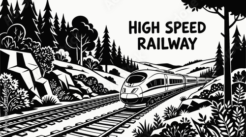 train railway track landscape black and white with high speed passenger locomotive transport infrastructure along modern rail corridor horizon showing travel journey transit motion environment