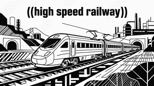 train railway track landscape black and white with high speed passenger locomotive transport infrastructure along modern rail corridor horizon showing travel journey transit motion environment