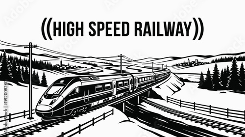 train railway track landscape black and white with high speed passenger locomotive transport infrastructure along modern rail corridor horizon showing travel journey transit motion environment