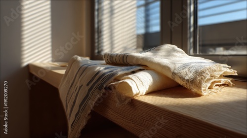 Sunlit interior with linen textiles on wooden shelf - cozy home decor inspiration