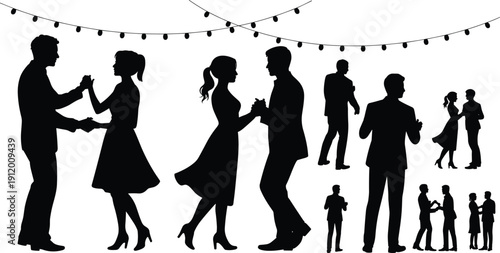 Silhouettes of couples dancing and socializing at party event under string lights, romantic celebration scene isolated on white background for festive design