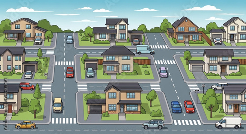 Suburban Neighborhood with Houses and Roads.